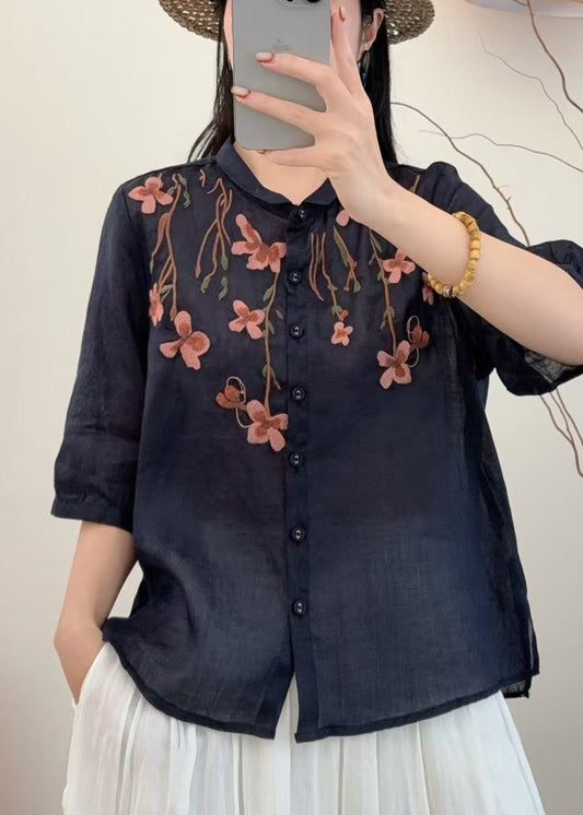 Loose Navy Embroidered Linen Shirts Summer