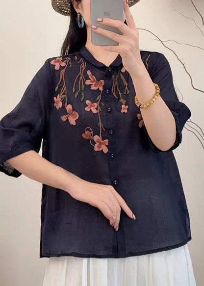 Loose Navy Embroidered Linen Shirts Summer