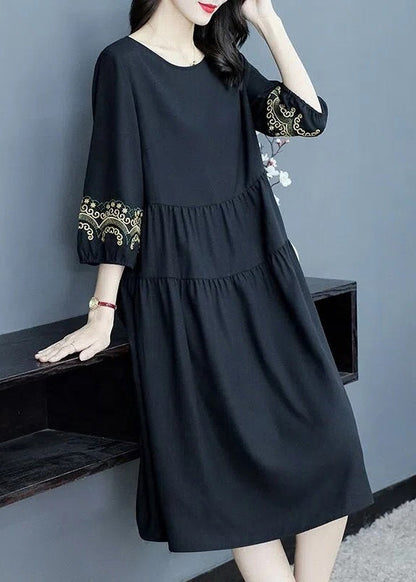 Loose Navy O-neck Embroidered Cotton Dresses Bracelet Sleeve