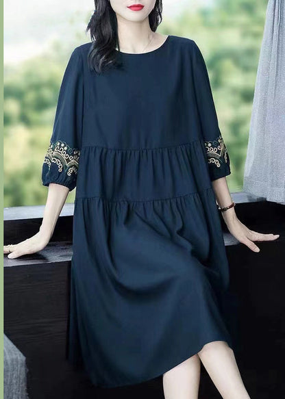Loose Navy O-neck Embroidered Cotton Dresses Bracelet Sleeve