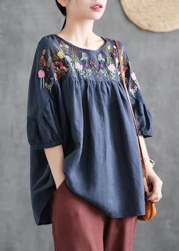 Loose Navy O-neck Embroideried Cotton T Shirt Half Sleeve