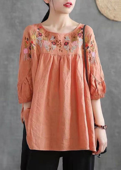 Loose Navy O-neck Embroideried Cotton T Shirt Half Sleeve