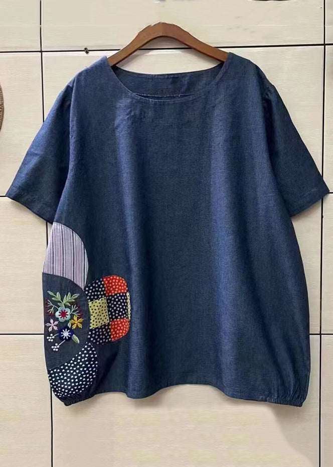 Loose Navy O-neck Embroideried Patchwork Denim T Shirt Top Summer