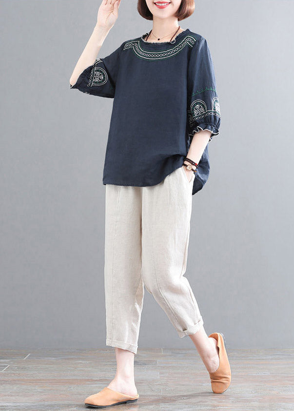 Loose Navy O-neck Top and Corp Pants Two-piece Set Summer