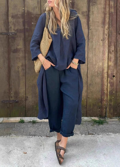 Loose Navy Patchwork Shirts and Harem Pants Two Pieces Set Fall