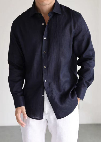 Loose Navy Peter Pan Collar Button Linen Worker Shirt Men Fall
