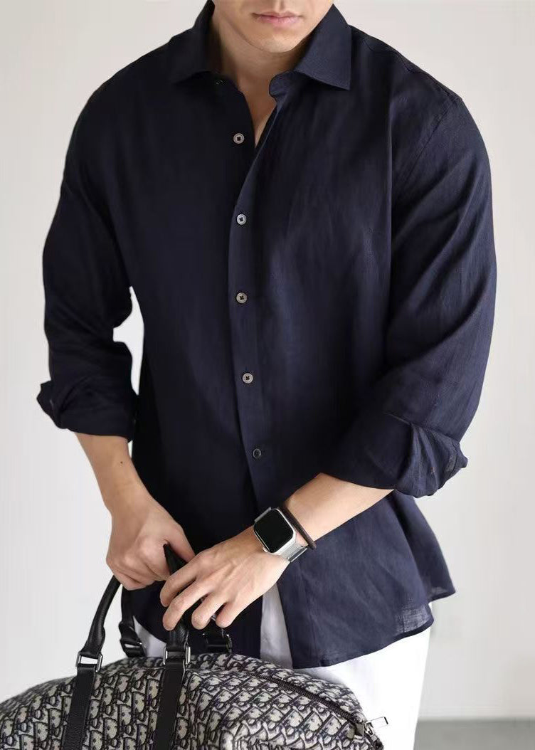 Loose Navy Peter Pan Collar Button Linen Worker Shirt Fall