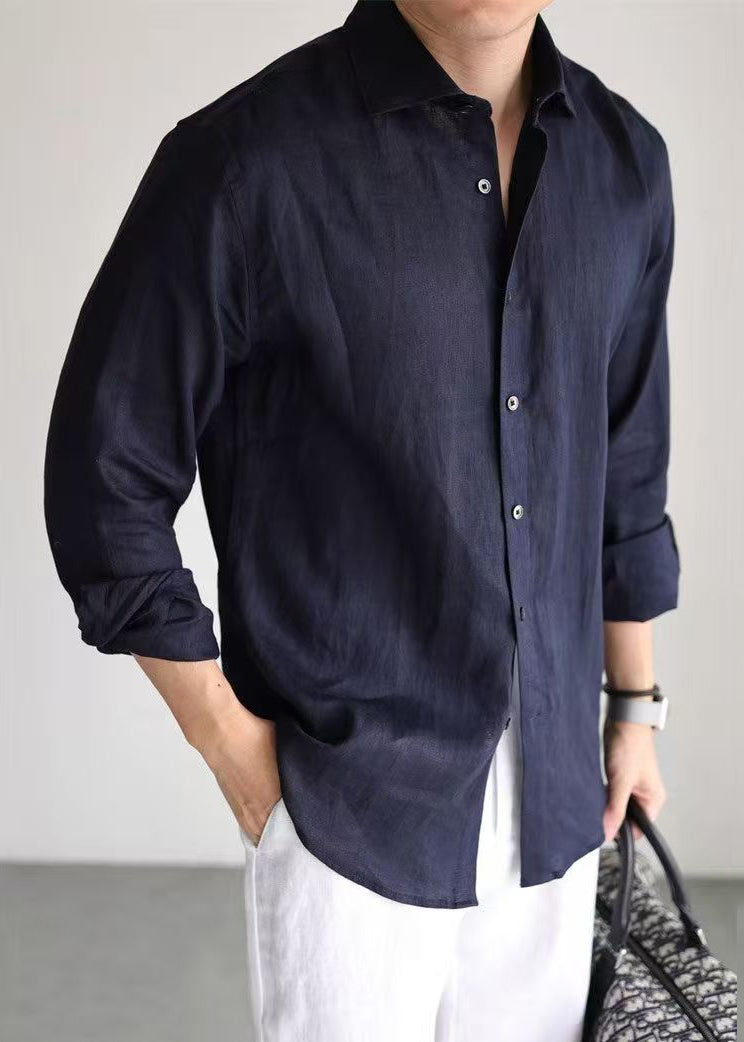 Loose Navy Peter Pan Collar Button Linen Worker Shirt Fall