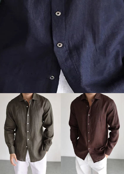 Loose Navy Peter Pan Collar Button Linen Worker Shirt Men Fall