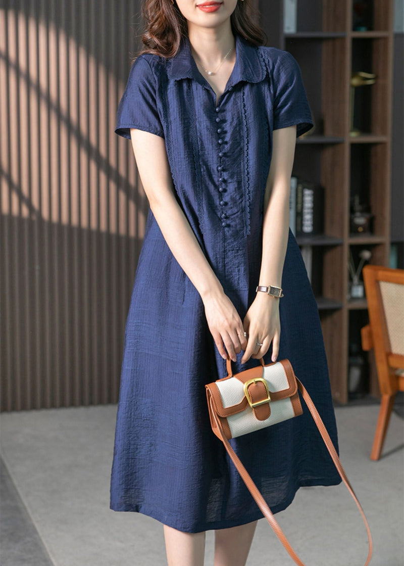 Loose Navy Peter Pan Collar Button Long Dresses Short Sleeve