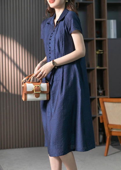 Loose Navy Peter Pan Collar Button Long Dresses Short Sleeve