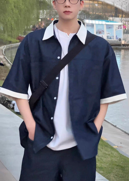 Loose Navy Peter Pan Collar Patchwork Denim Shirts Summer
