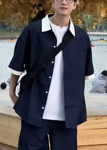 Loose Navy Peter Pan Collar Patchwork Denim Shirts Summer