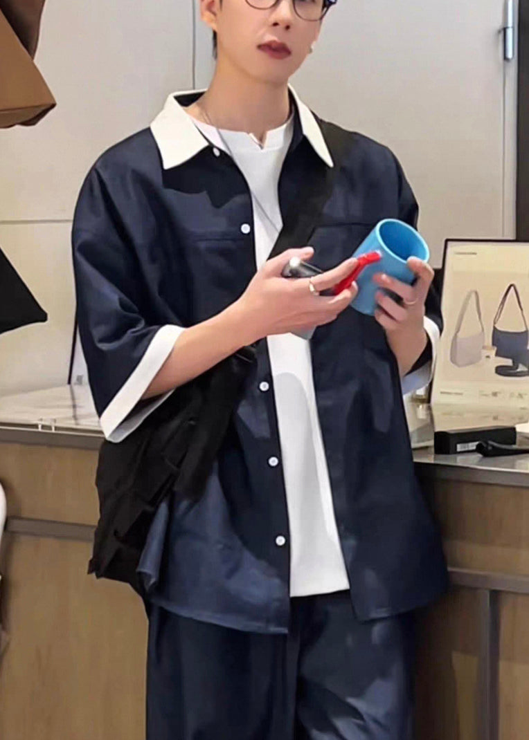 Loose Navy Peter Pan Collar Patchwork Denim Shirts Summer