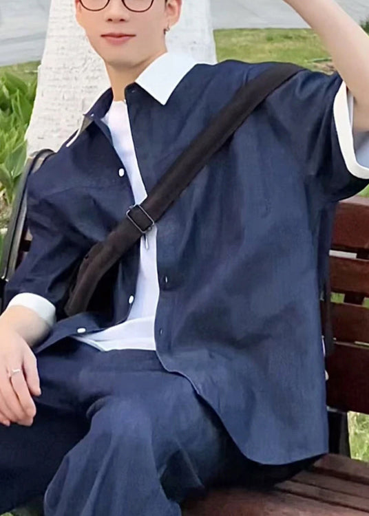 Loose Navy Peter Pan Collar Patchwork Denim Shirts Summer