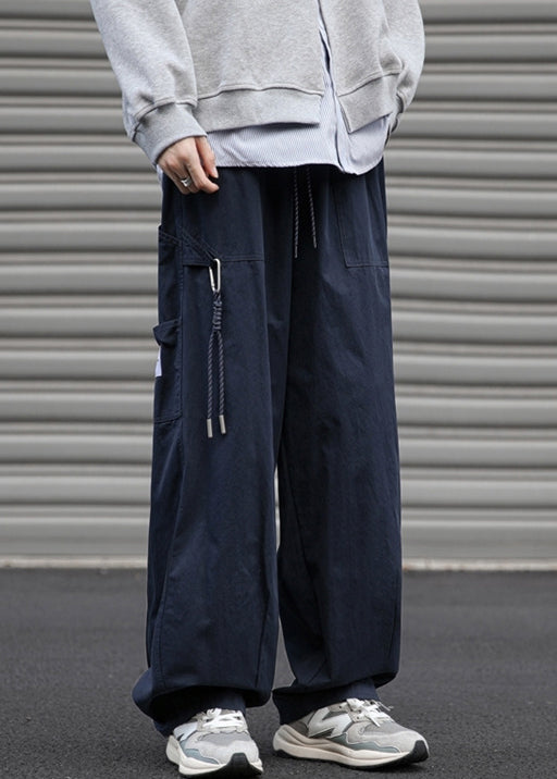Loose Navy Pockets Drawstring Cotton Pants Spring