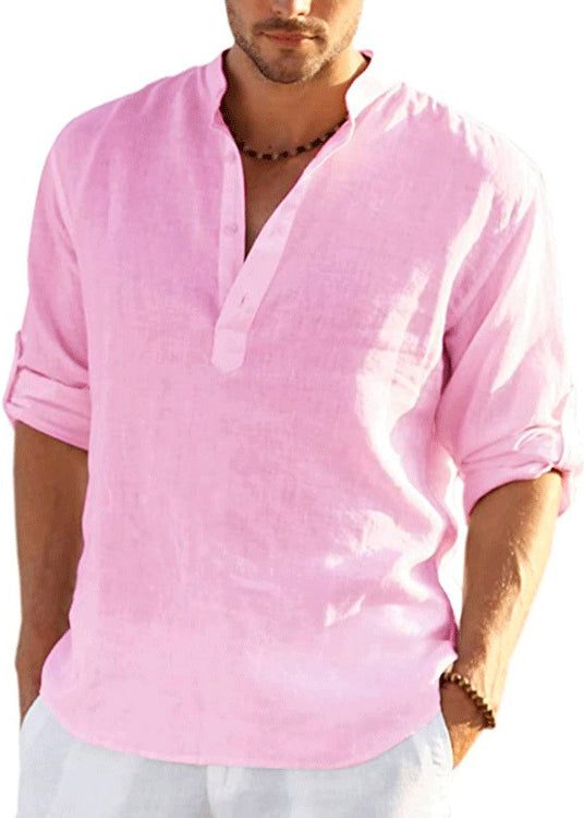 Loose Navy Stand Collar Button Cotton Shirts Fall