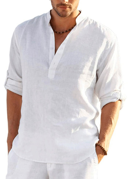 Loose Navy Stand Collar Button Cotton Shirts Fall