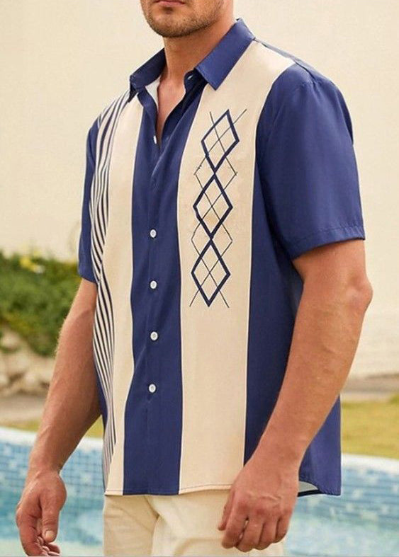 Loose Navy Striped Patchwork Cotton Shirts Summer