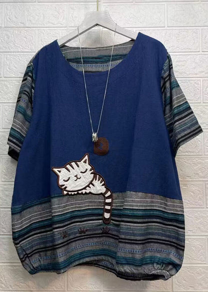 Loose Navy Striped Print Patchwork Cotton T Shirt Top Short Sleeve