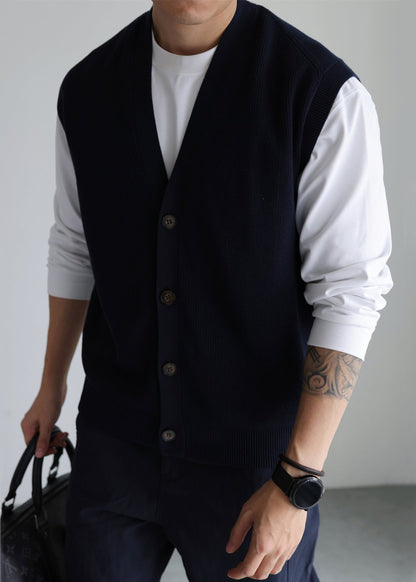 Loose Navy V Neck Button Knit Vest Sleeveless