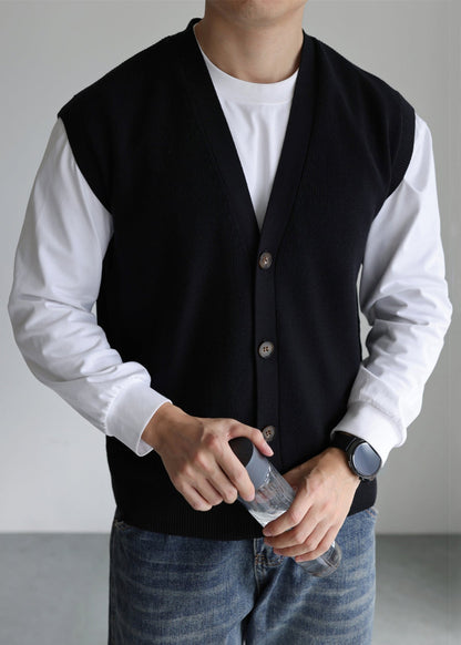 Loose Navy V Neck Button Knit Vest Sleeveless