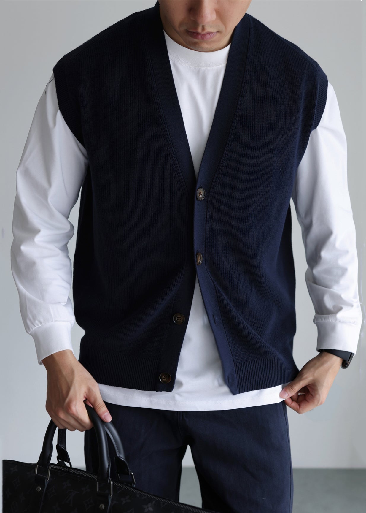 Loose Navy V Neck Button Knit Vest Sleeveless