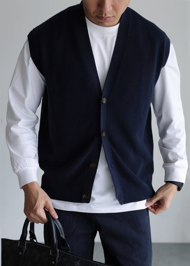 Loose Navy V Neck Button Knit Vest Sleeveless