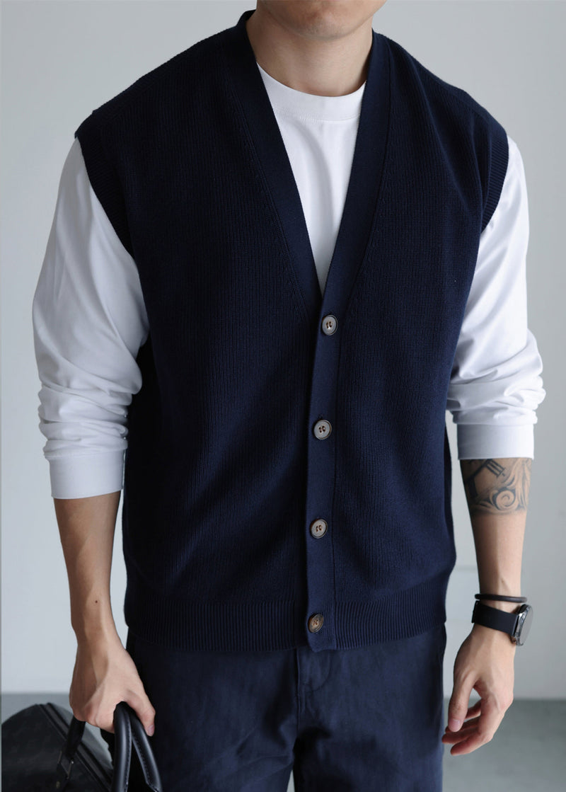 Loose Navy V Neck Button Knit Vest Sleeveless