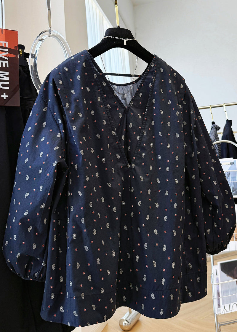 Loose Navy V Neck Print Cotton Shirts Fall