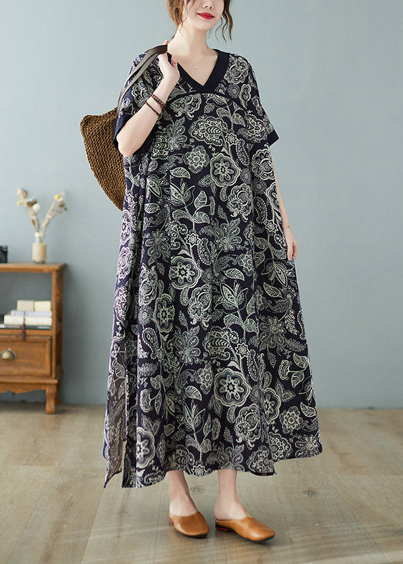 Loose Navy V Neck Print Side Open Dresses Short Sleeve