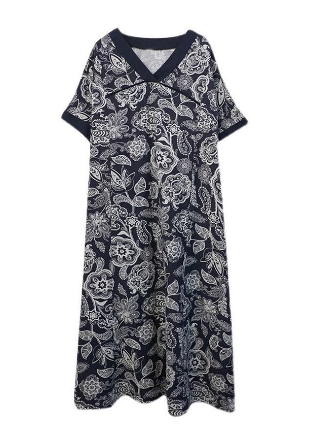 Loose Navy V Neck Print Side Open Dresses Short Sleeve