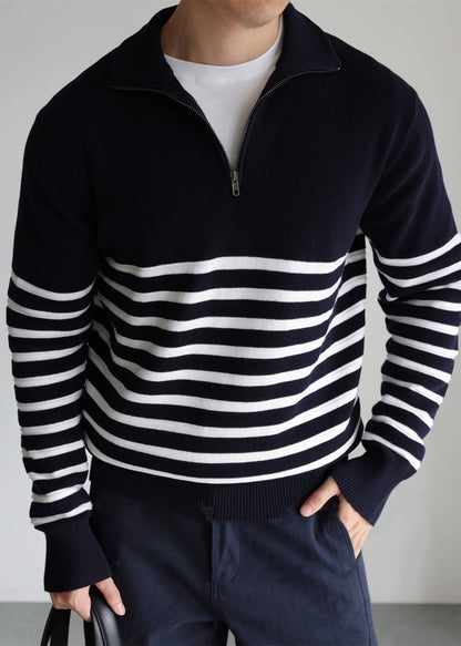 Loose Navy Zip Up Striped Knit Sweaters Fall