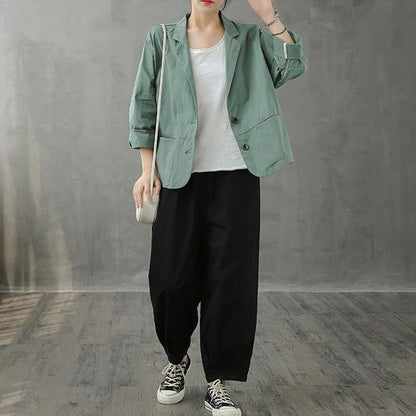 Loose Notched Button Down Fall Top Inspiration Green Blouses