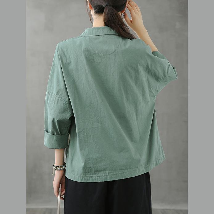 Loose Notched Button Down Fall Top Inspiration Green Blouses