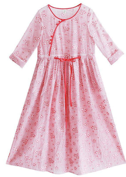 Loose O Neck Drawstring Summer Tunic Work Pink Print Art Dresses