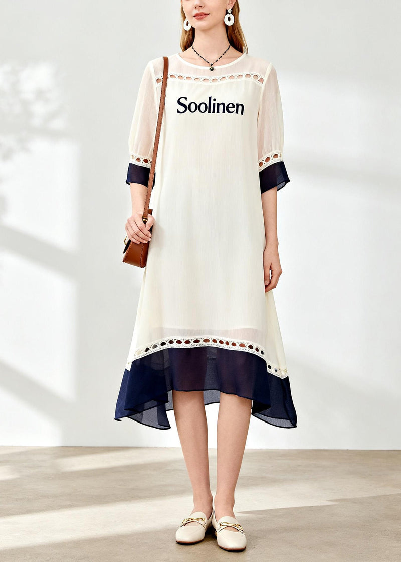 Loose O Neck Hollow Out Patchwork Chiffon Dresses Summer
