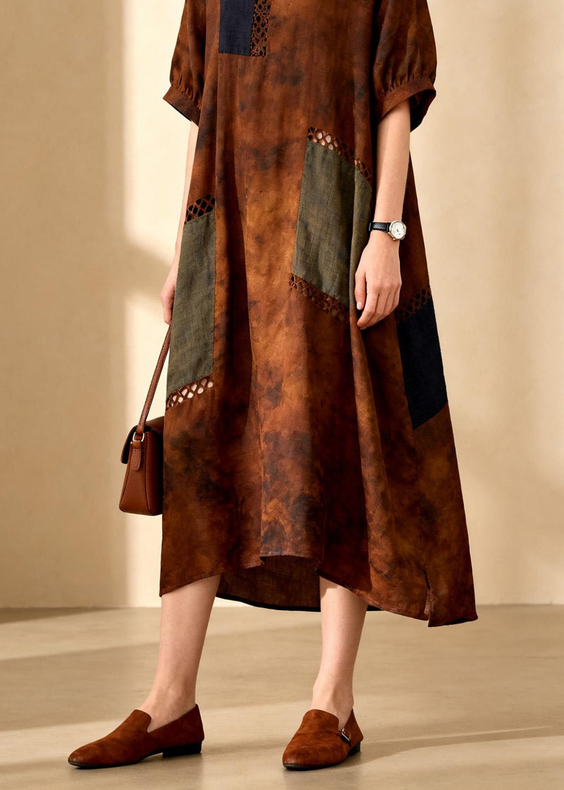 Loose O Neck Hollow Out Patchwork Cotton Dress Summer