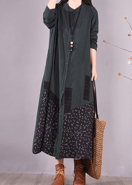 Loose O Neck Pockets Spring Clothes Design Blackish Green Patchwork Print Dresses