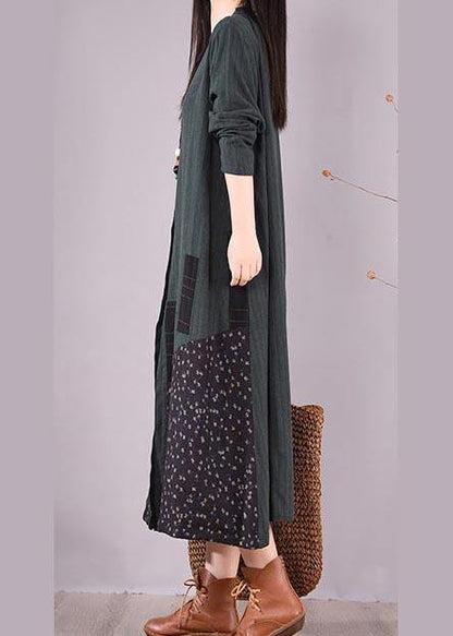 Loose O Neck Pockets Spring Clothes Design Blackish Green Patchwork Print Dresses