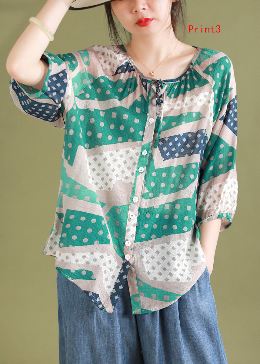 Loose O-neck Print Lace Up Cotton Shirt Top Half Sleeve