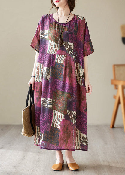 Loose O-neck Print Maxi Dresses Short Sleeve