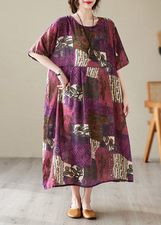 Loose O-neck Print Maxi Dresses Short Sleeve