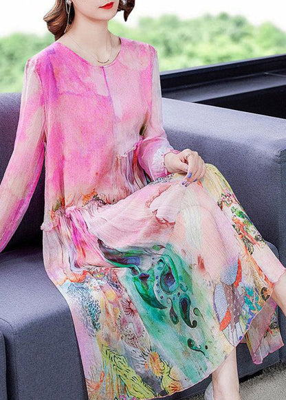 Loose O-neck Print Wrinkled Party Silk Dress Long Sleeve