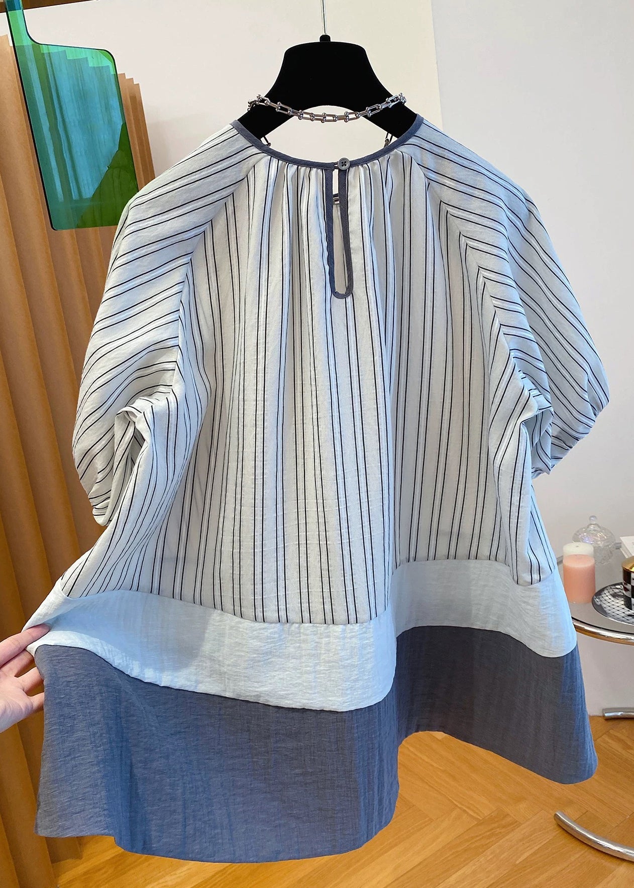Loose O-neck Striped Button Patchwork Cotton Shirt Summer