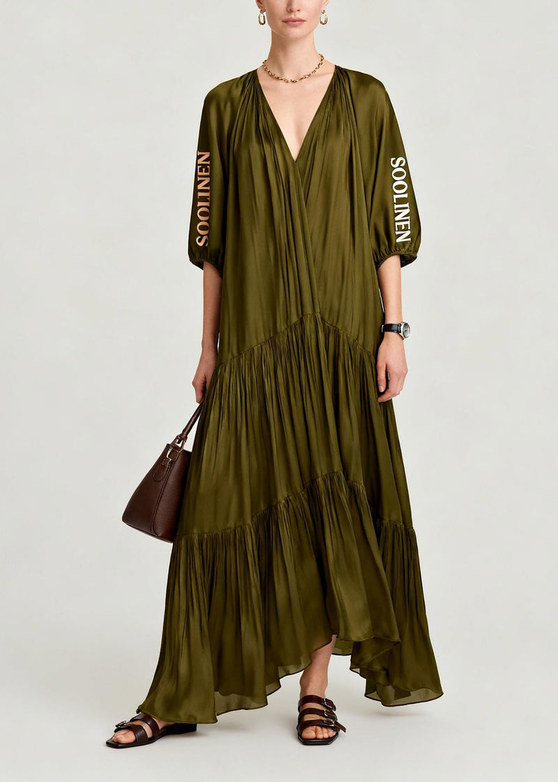 Loose Olive Green V Neck Wrinkled Maxi Dresses Summer