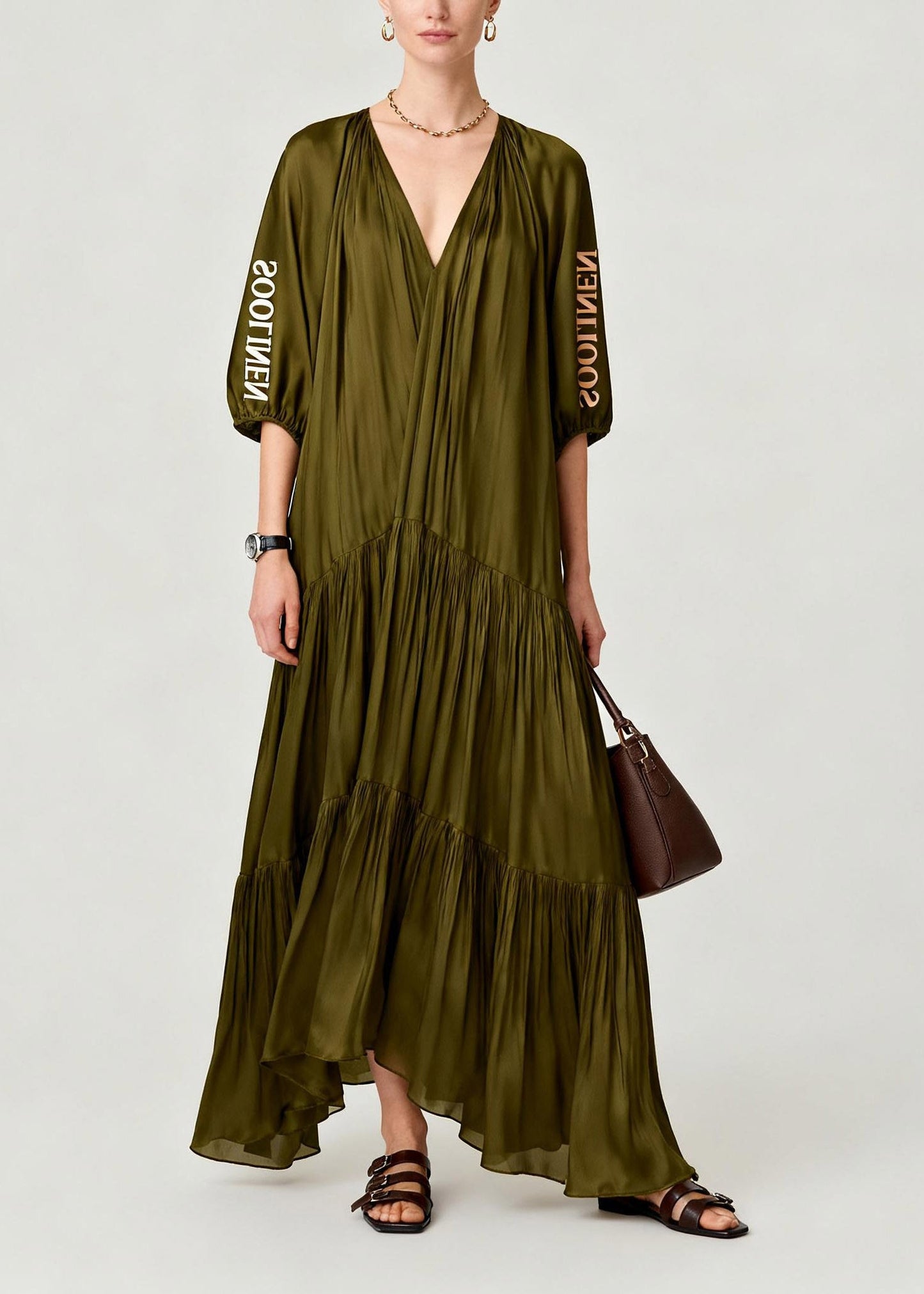 Loose Olive Green V Neck Wrinkled Maxi Dresses Summer