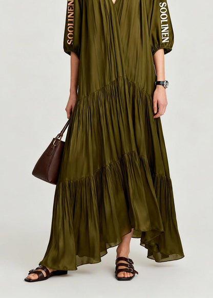 Loose Olive Green V Neck Wrinkled Maxi Dresses Summer