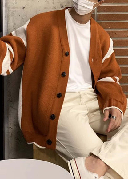 Loose Orange Button Cozy Patchwork Knit Coats Spring