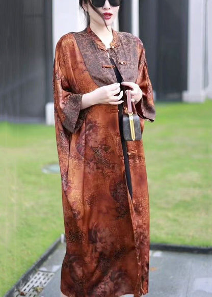 Loose Orange Button Patchwork Thin Silk Long Coats Bracelet Sleeve